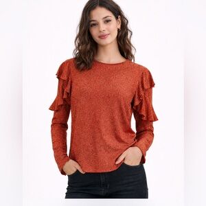 Scotch & Soda Metallic Burnt Orange Sparkle‎ Ruffle Sleeve Party Top
